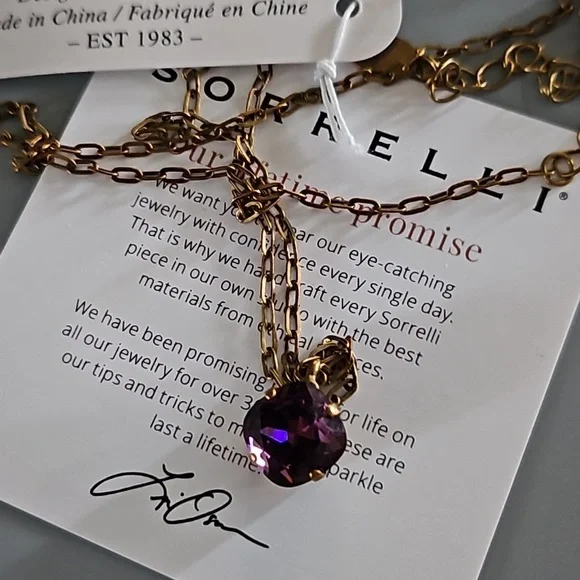 SORRELLI Siren Cushion Cut Pendant Necklace Amethyst with Antique Gold Chain - Picture 4 of 9